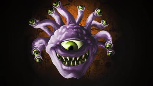 entering a cave lair where a many eyed beholder monster dwells