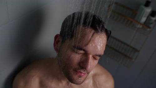 Man Taking Shower, Grooming in Bathroom