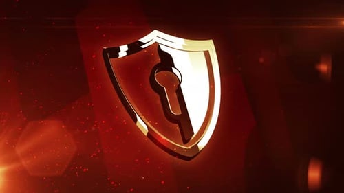 Golden Shield Keyhole Logo Reveal Animation with Particles and Light Flares