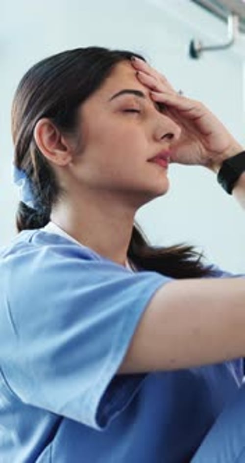 Upset, woman and nurse with stress in clinic for medical mistake, failure or crisis with thinking