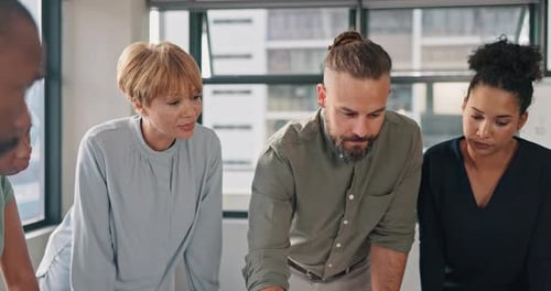 Creative business people, meeting and discussion in collaboration for team marketing