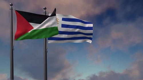 Palestinian and Uruguayan National Flags Waving in Blue Sky