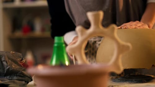 Closeup in Clay Modeling Studio Applied Art Clay Pottery Old Craftsmanship Manual Making of Pottery