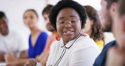 Presentation, crowd talking or black woman in seminar, training workshop or mentorship