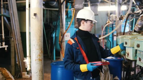 A Man Engineer Walking in Manufacturing Plant and Pushing Buttons