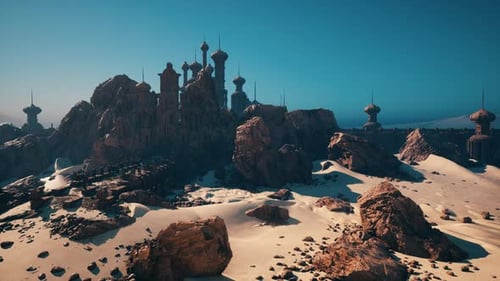 Desert Ruins Landscape Vast Desert Scene Featuring Ruins and Distant Towers