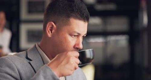 Coffee, thinking and business man drink espresso beverage in mug at the office