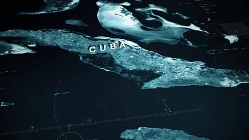 Global satellite surveillance map, military intelligence interface Cuba