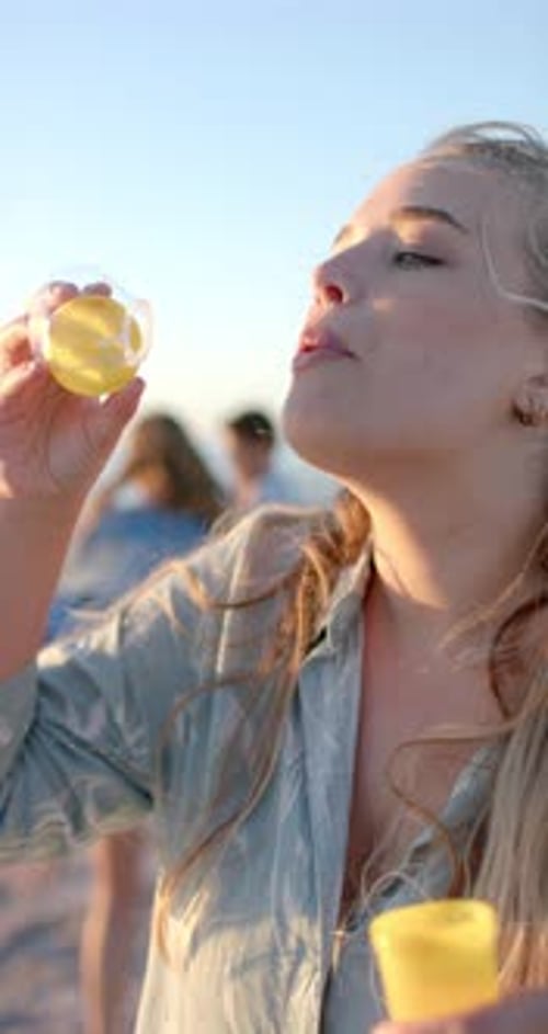 Vidéo verticale : bulles soufflant, femme profitant du temps à la plage avec des amis en arrière-plan