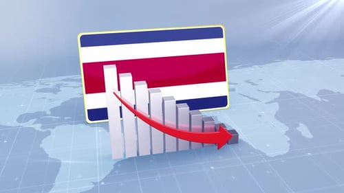 Costa Rica Flag With Decrease Bar Chart Graph And Arrow Red