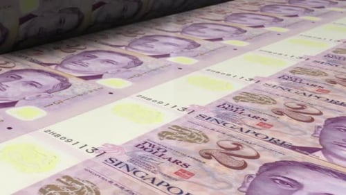 2 Singapore Dollar Bills On Money Printing Machine