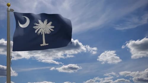 South Carolina Flag Waving in Realistic Blue Sky with Clouds