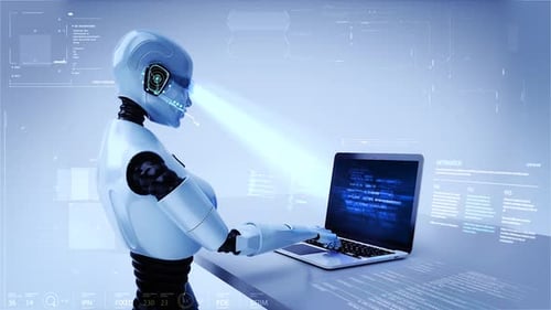 AI Robot Working on Laptop with Futuristic Digital Interface