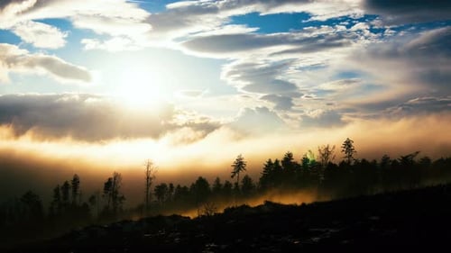 Dynamic Atmosphere, Mountain Landscape. Storm clouds hide the sun. Fog moves between the trees. Hori