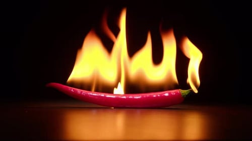 Hot red chili peppers on fire on black background close-up, spicy food concept