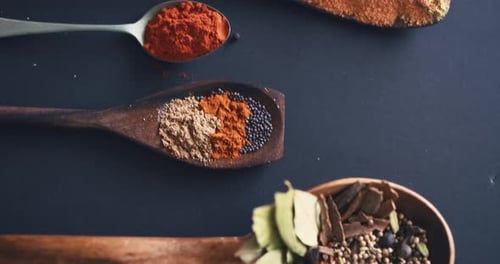 Spices, herbs and condiments for cooking, leaves and studio for seasoning, spoons or curry