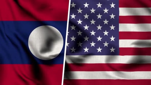 Waving Laos and United States Flags Textured Motion Loop