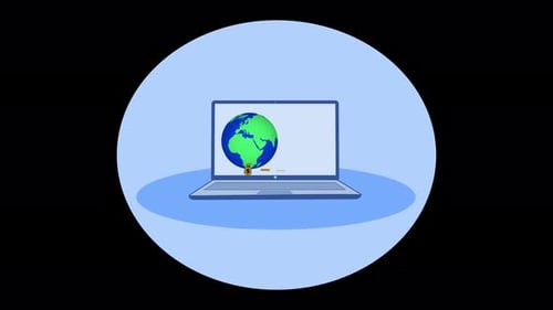 Business Graph Bar Planet Earth Blue Laptop Screen Animation Black Background