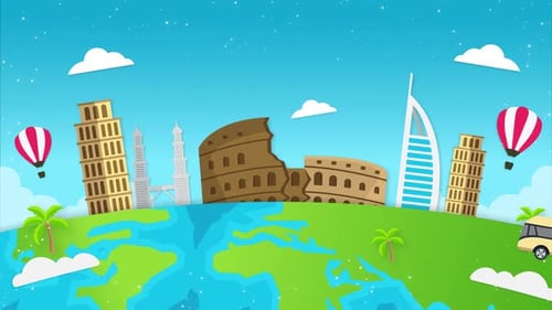 Animated Flat Design World Travel and Famous Landmarks Scene