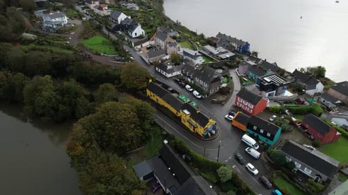 Aerial View of Residential Neighborhood of Kinsale, Ireland, Brandon River Peninsula, Orbiting Drone
