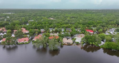 Flooded Residential Area with Underwater Houses From Hurricane Debby Rainfall Water in Sarasota
