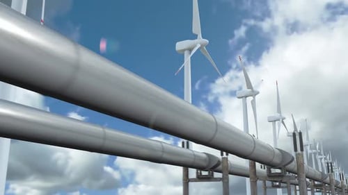 Moving Along Gas Main Pipeline and Spinning Wind Turbines on the Background Loop