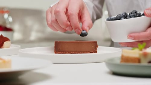 Adding Blueberry to Chocolate Dessert Slice Close-Up