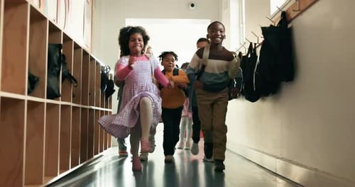 Running, education and smile with students in school for knowledge, start study and learning