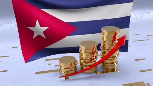 Cuba Flag With Gold Coins Tower And Up Arrow