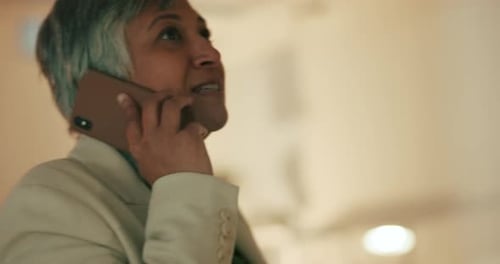 Phone call, night office, executive businesswoman talking, communication