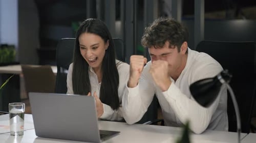 Happy Excited Winners Successful Business Colleagues People Coworkers Caucasian Businesswoman with