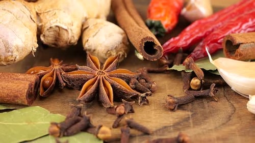 Spices and Seasonings Still Life with Cinnamon and Ginger