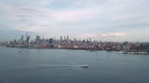 Aerial View of New York City Midtown Manhattan Skyline Panorama View Over Hudson River From Drone