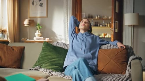 Tired Lady Resting Couch Living Room Closeup Dissatisfied Woman Taking Break