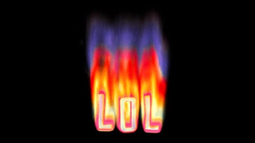 Lol - Burning text in pixelated retro-styled fire. Loop 3d animation on alpha.