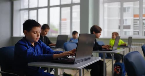 School Boys In Coding Classes Portrait Of Students Working With Laptops In ComputerBased Classroom