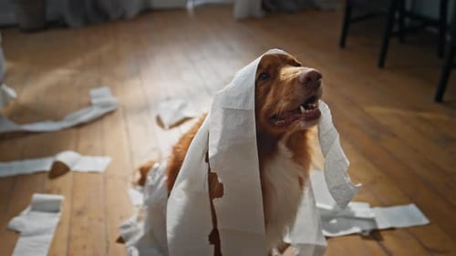 Funny Dog Wrapped Toilet Paper Littering at Apartment Floor Closeup Pet Playing
