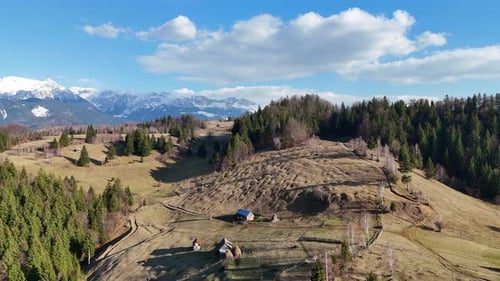 A peaceful mountain village with scattered houses and lush green forests, aerial view