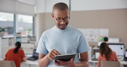 Happy man, tablet and agency with research for company performance, analysis or report at office