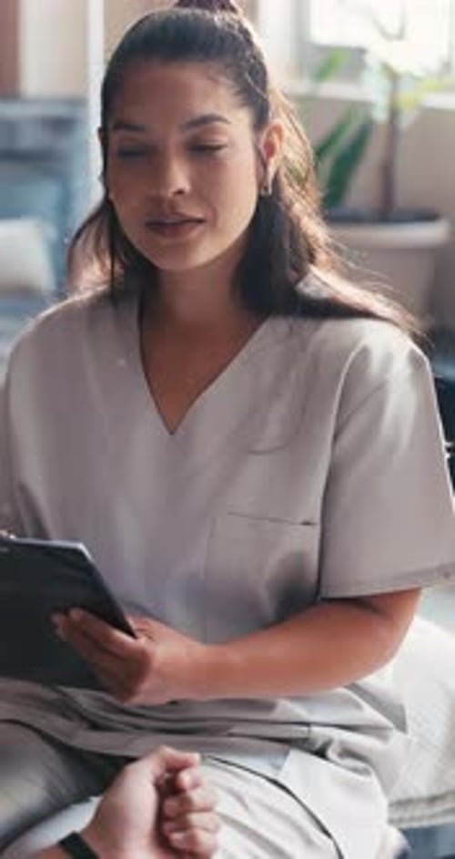 Woman, nurse and writing with clipboard in clinic for medical report, questions and diagnosis