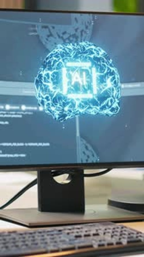 Vídeo vertical de primer plano de la pantalla del PC en el escritorio de una oficina de inicio que muestra inteligencia artificial