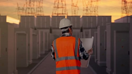 Engineer Inspecting Electrical Station at Golden Hour