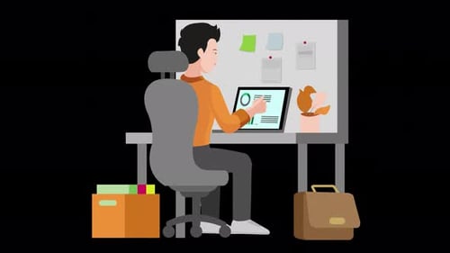 person working at an office desk at the computer animation 4k on alpha channel