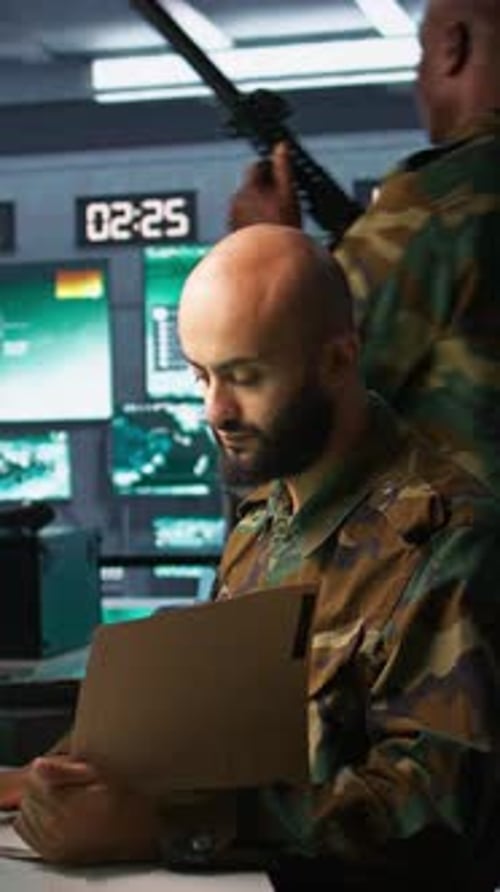 Stressed Soldier Working in Futuristic Control Room
