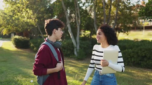 Cheerful young student friends talking on a tree-lined walkway on the university campus