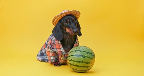 Dachshund Dog with Watermelon on Yellow Background