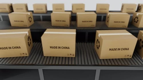 Stream Of Boxes Labeled 'Made In The China' Moving On a Conveyor Line