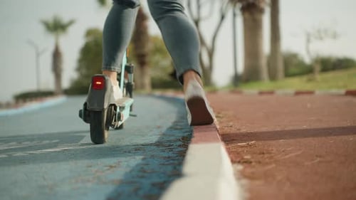 Une piste bleue pour la conduite de scooters. La jeune femme repart et roule. Les palmiers et la mer