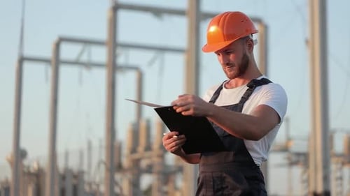 Technician in Helmet Using Clipboard Among Power Station