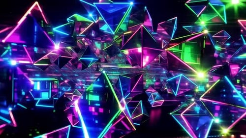 Fond de mouvement numérique abstrait de pyramides géométriques au néon